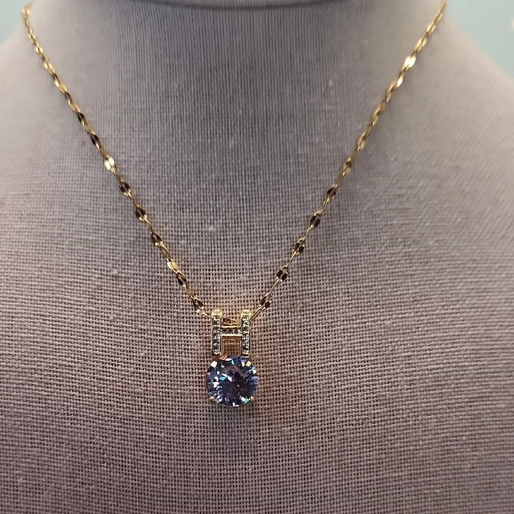 18k Gold Plated Stainless Steel Chain and H Pendant, Simulated Clear Diamonds